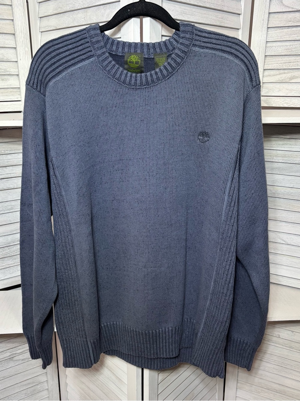 Timberland Men’s XL Blue Gray Cotton Crewneck Knit Sweater Logo